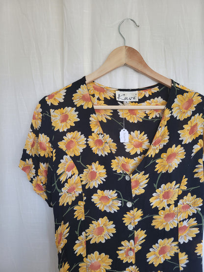 🖤 The Evening Garden - vintage long black dress with yellow flowerprint - size M/L