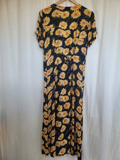 🖤 The Evening Garden - vintage long black dress with yellow flowerprint - size M/L