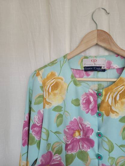 💙 Pastel Garden - vintage shirt with flower patterns and buttons (Perfectly Imperfect) - size L