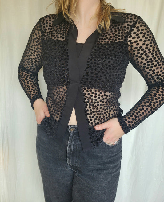 ✨ Starlit Dots - vintage sheer top with velvet and glimmer details - size S/M