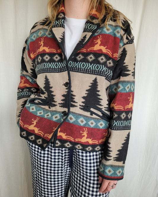 🌲 Forest Cabin - vintage tapestry style jacket with forest inspired patterns - size L