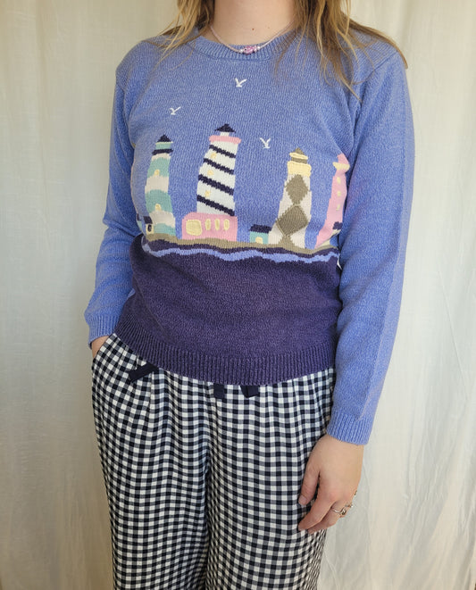 🌊 Seaside Watch - vintage knitted sweater with lighthouses - size S