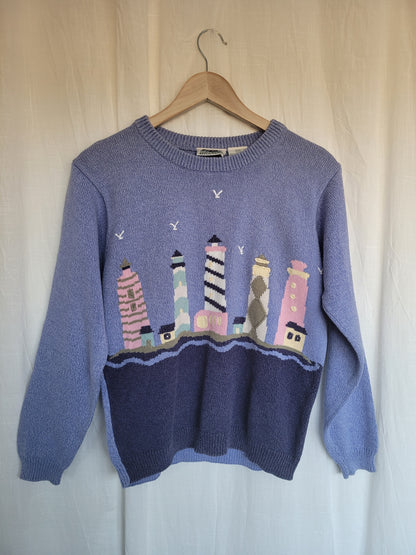 🌊 Seaside Watch - vintage knitted sweater with lighthouses - size S