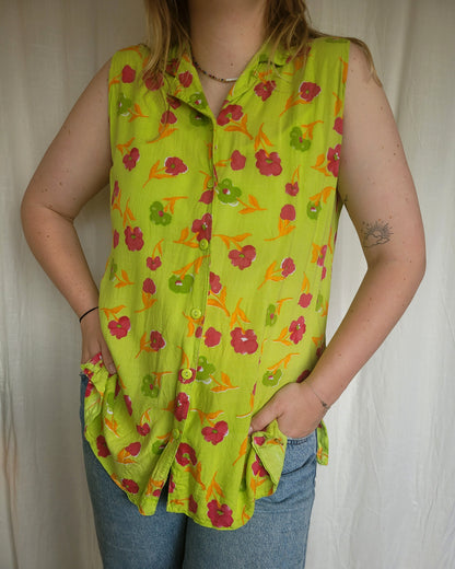💚 Electric Spring - vintage sleeveless blouse with flower pattern - size M