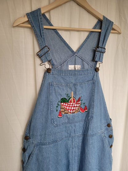 🍉 Sweet as Summer - vintage denim dungarees with embroidered watermelon - size L