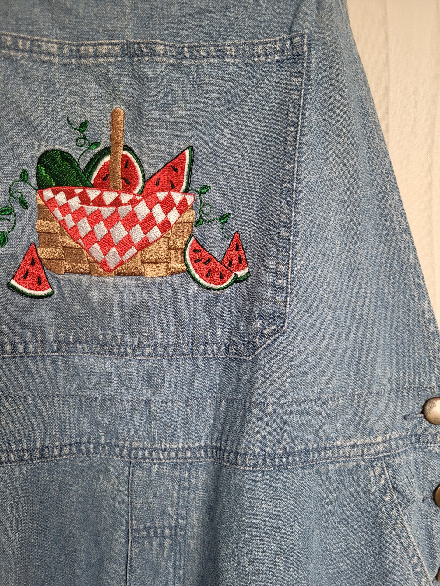 🍉 Sweet as Summer - vintage denim dungarees with embroidered watermelon - size L