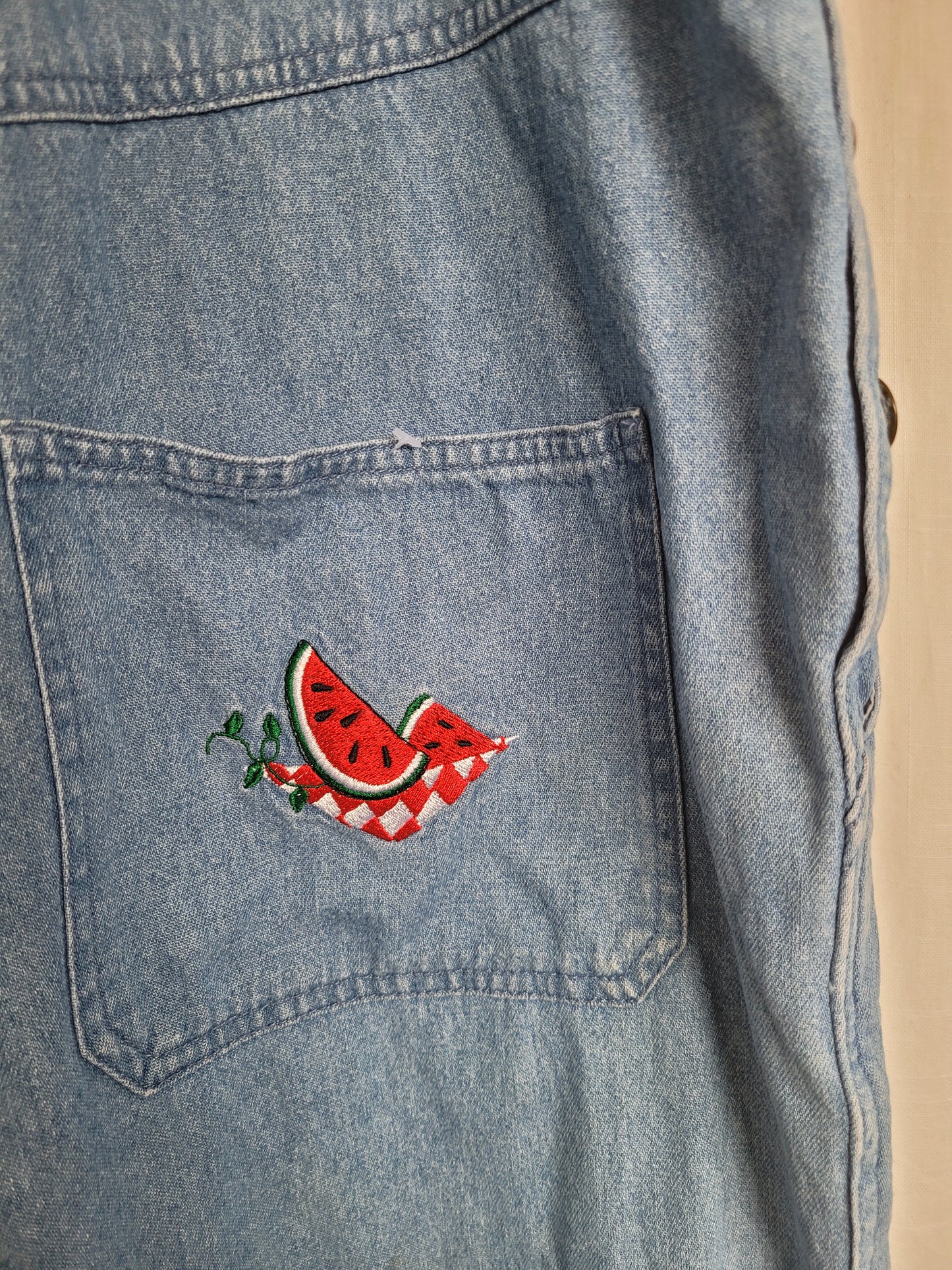 🍉 Sweet as Summer - vintage denim dungarees with embroidered watermelon - size L