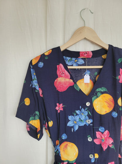 🍐 Picked at Dawn - vintage 90s dress with fruit and flower prints - size M/L