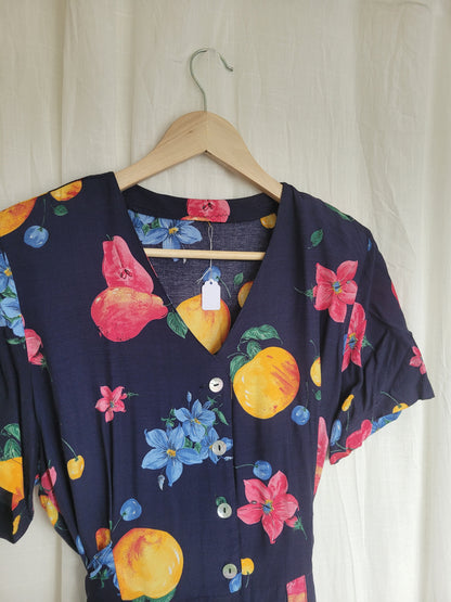 🍐 Picked at Dawn - vintage 90s dress with fruit and flower prints - size M/L