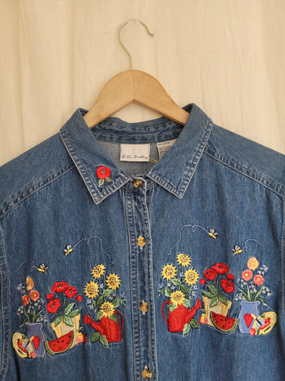 🍉 The Gardener's Favourite - vintage denim shirt with embroidered details - size L