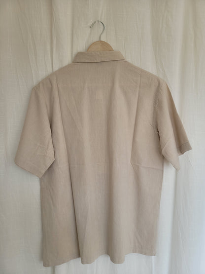 🧺 The Strawberry Harvest - vintage beige blouse with embroidered strawberry field images - size L