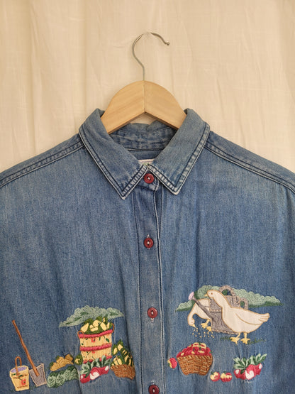 🍎 Freshly Picked - vintage denim shirt with embroidered harvest details - size M/L