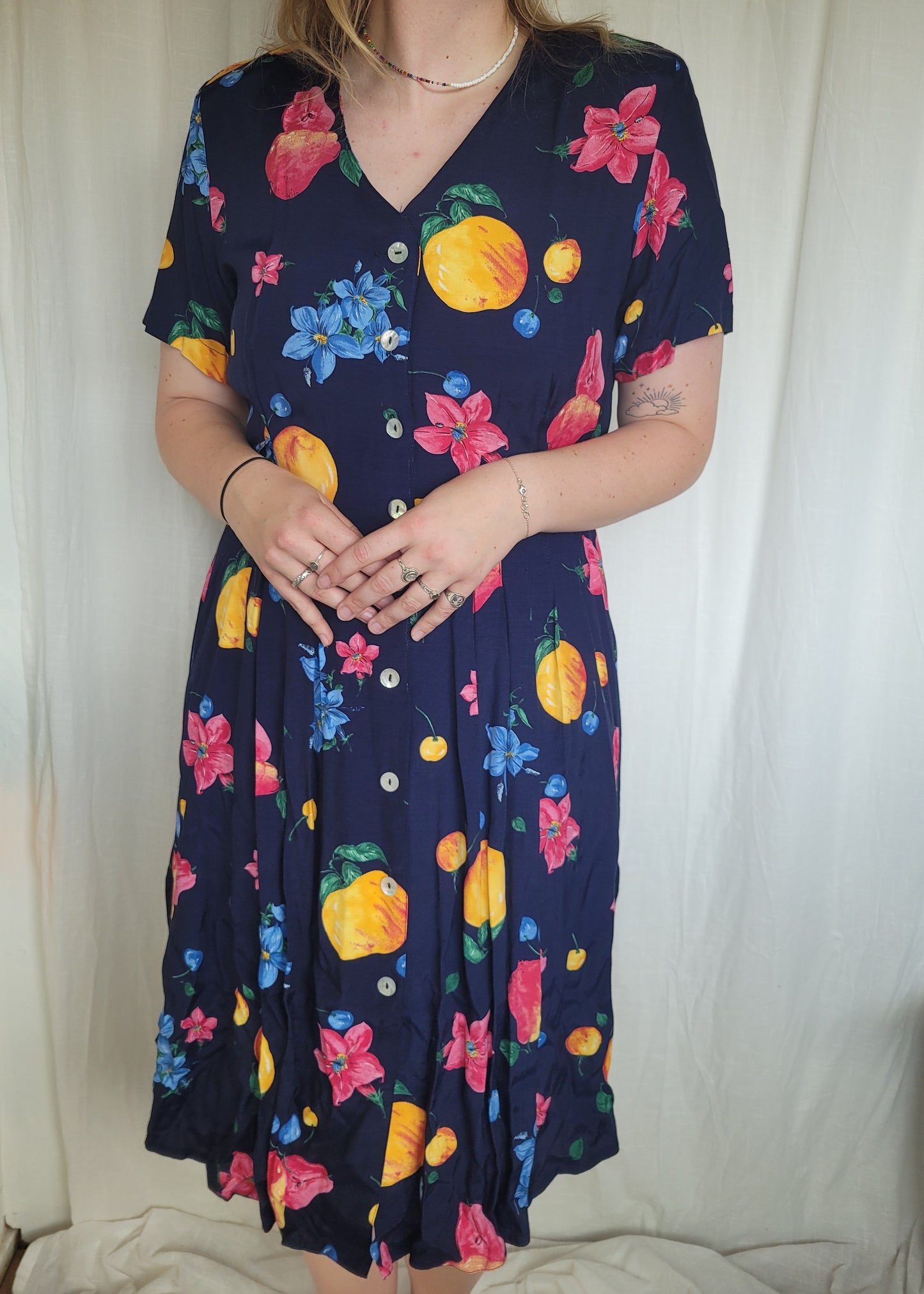🍐 Picked at Dawn - vintage 90s dress with fruit and flower prints - size M/L