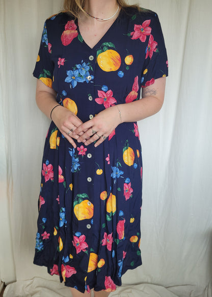 🍐 Picked at Dawn - vintage 90s dress with fruit and flower prints - size M/L