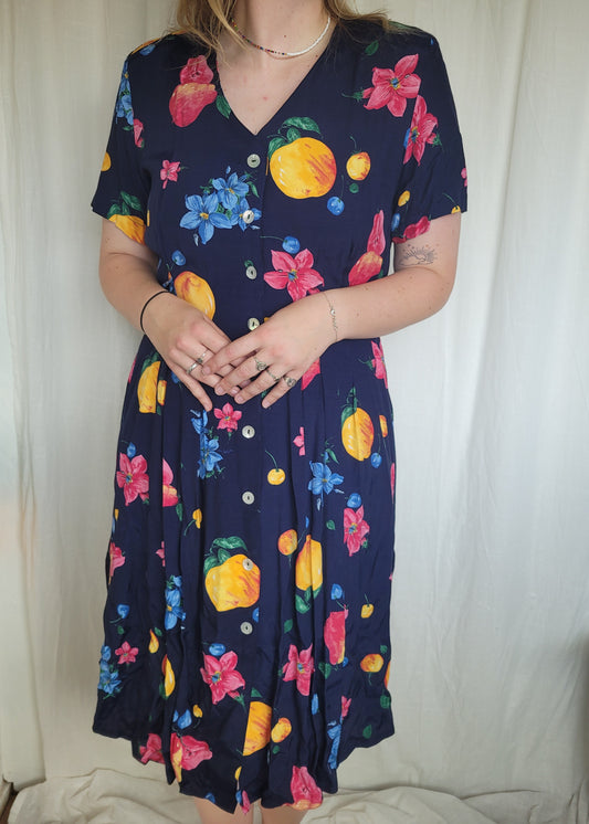 🍐 Picked at Dawn - vintage 90s dress with fruit and flower prints - size M/L