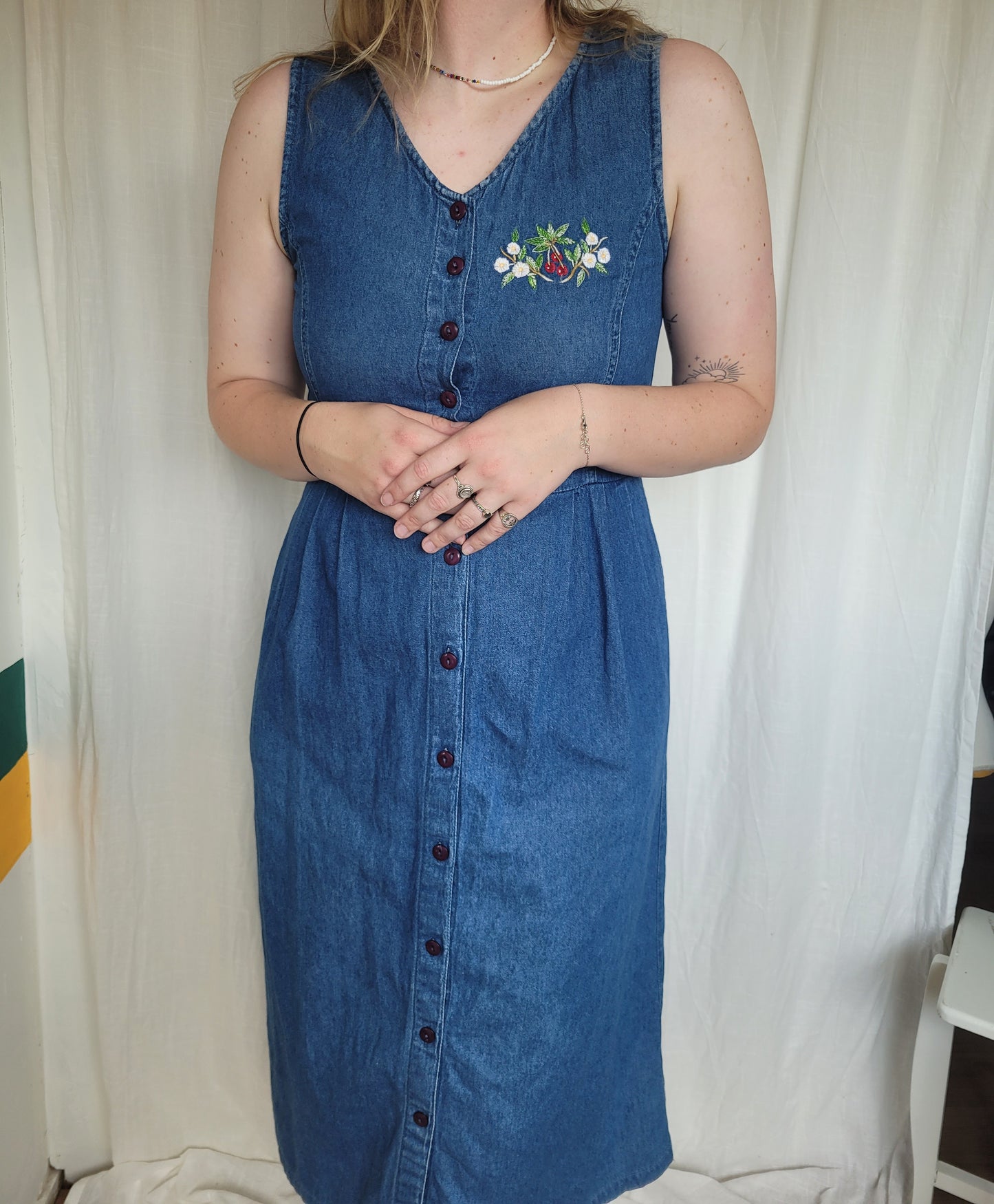 🍒 Berry Blossom - vintage denim dress with berry embroidery (Perfectly Imperfect) - size S/M