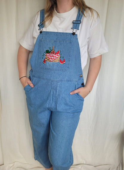 🍉 Sweet as Summer - vintage denim dungarees with embroidered watermelon - size L