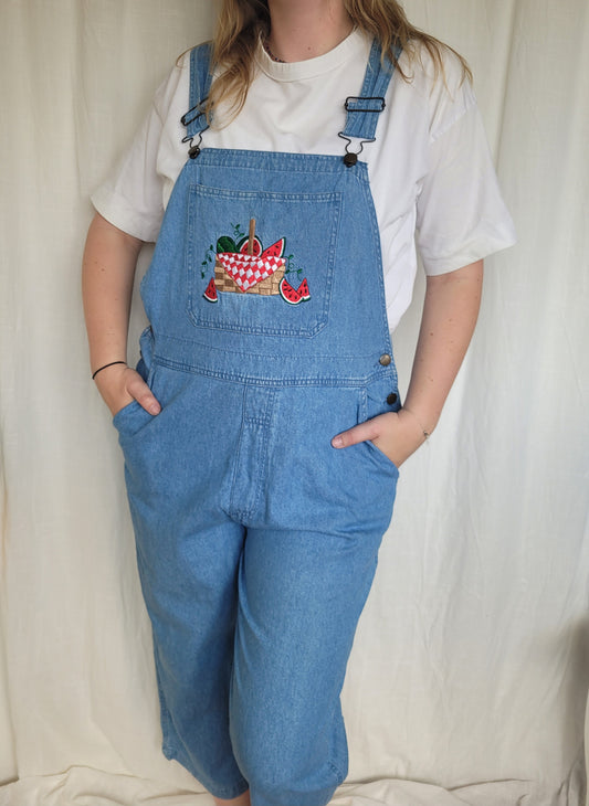 🍉 Sweet as Summer - vintage denim dungarees with embroidered watermelon - size L
