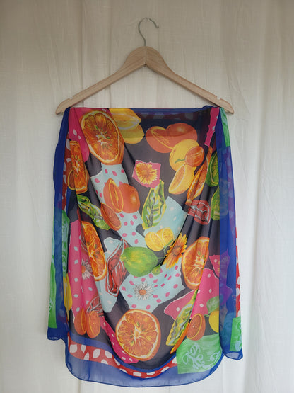 🍋 Sunshine Orchard - vintage sheer scarf with citrus and flower print