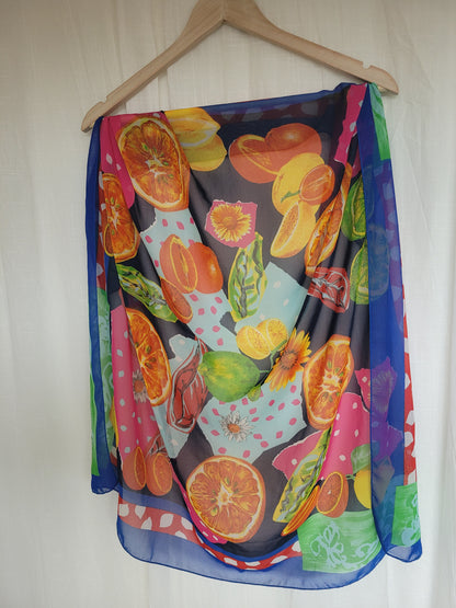 🍋 Sunshine Orchard - vintage sheer scarf with citrus and flower print