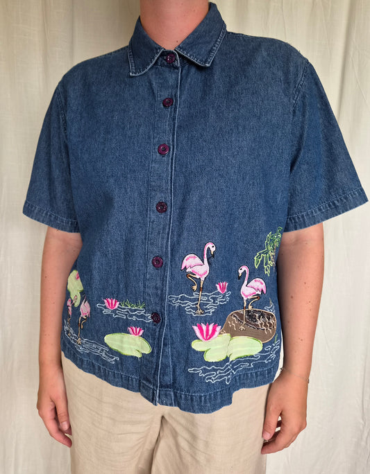 🦩Pink on the Horizon - vintage boxy denim shirt with embroidered flamingo's - size XL