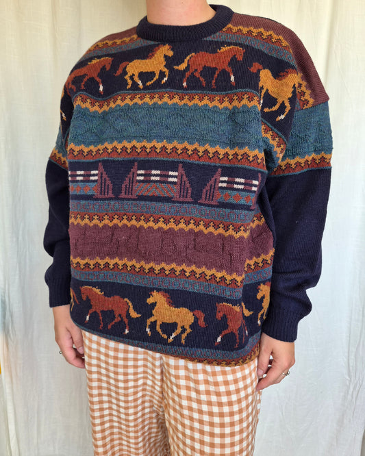 🐎 Over the Last Fence - vintage deadstock 100% wool knitted sweater with horses - size XL