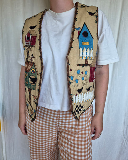🪺 Home Is Where the Birds Sing - vintage handmade quilted gilet with birds - size L