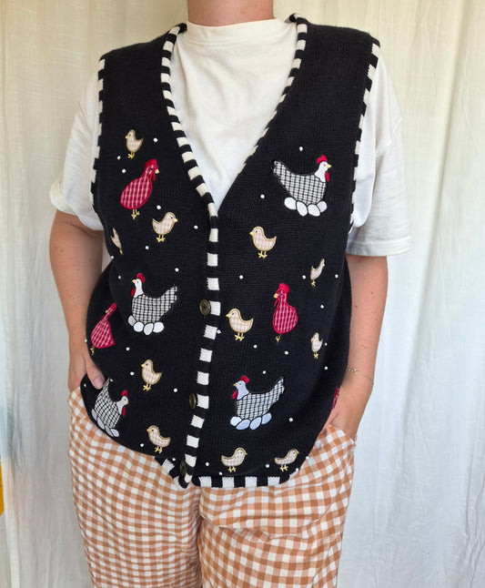 🐔 The Hen House Society - vintage spencer vest with patchwork/embroidered chickens - size L
