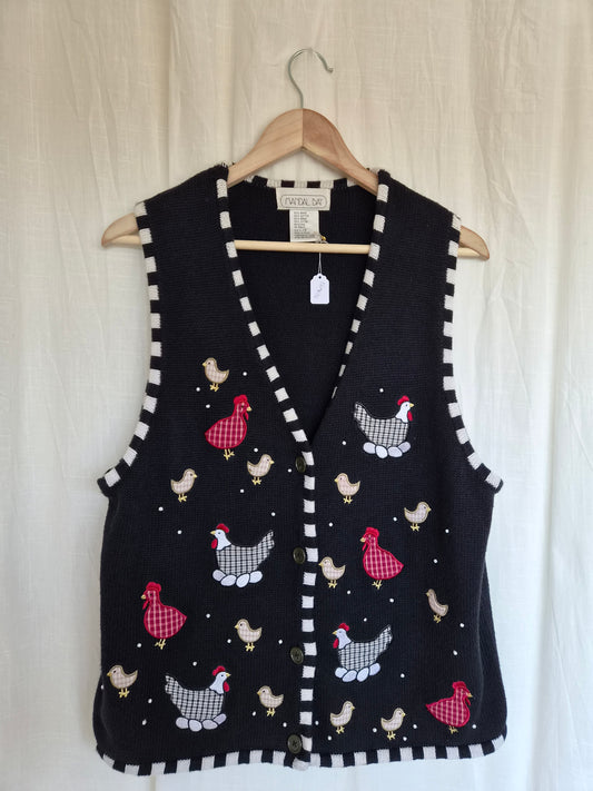 🐔 The Hen House Society - vintage spencer vest with patchwork/embroidered chickens - size L
