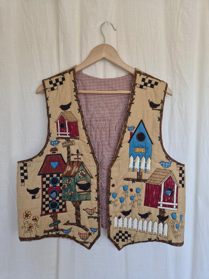 🪺 Home Is Where the Birds Sing - vintage handmade quilted gilet with birds - size L