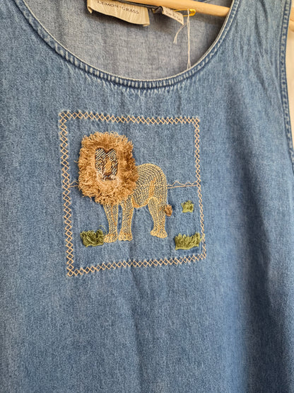 🦁The Lion's Pride - vintage long denim dress with embroidered lion (Perfectly Imperfect) - size L/XL