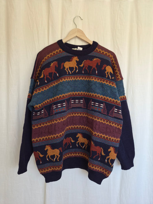 🐎 Over the Last Fence - vintage deadstock 100% wool knitted sweater with horses - size XL