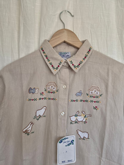 🐑 The Happiest Farmyard - vintage deadstock beige shirt with embroidered farm animals - size L