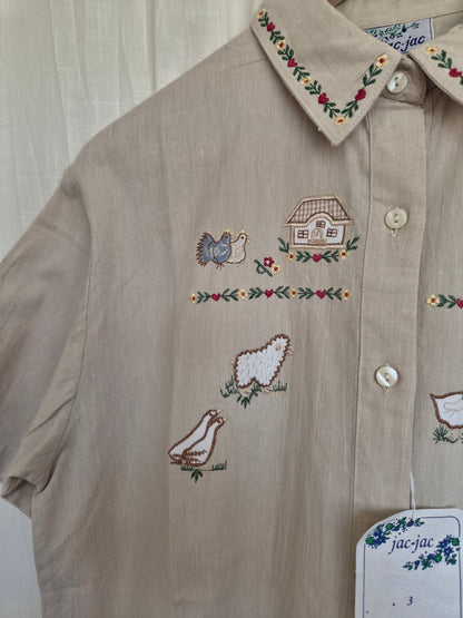 🐑 The Happiest Farmyard - vintage deadstock beige shirt with embroidered farm animals - size L