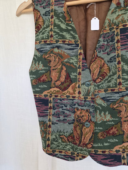🐻 The Bears of Pine Hollow - vintage tapestry gilet with bear patterns - size S