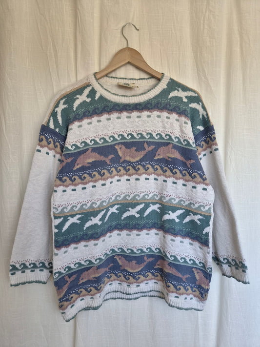 🐬 Songs Beneath the Waves - vintage 100% cotton knit with dolphins and seagulls - size M/L