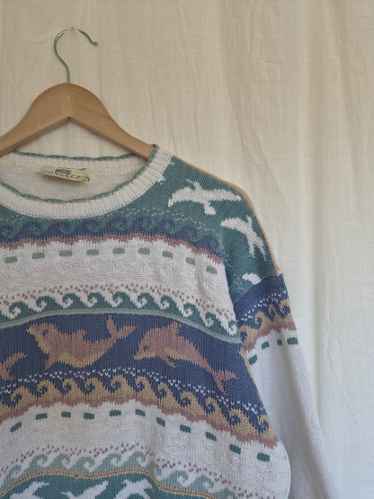 🐬 Songs Beneath the Waves - vintage 100% cotton knit with dolphins and seagulls - size M/L