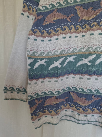 🐬 Songs Beneath the Waves - vintage 100% cotton knit with dolphins and seagulls - size M/L