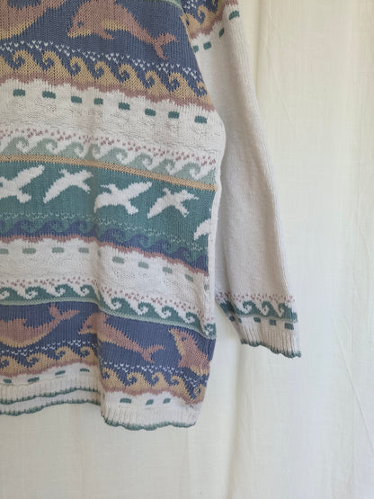🐬 Songs Beneath the Waves - vintage 100% cotton knit with dolphins and seagulls - size M/L