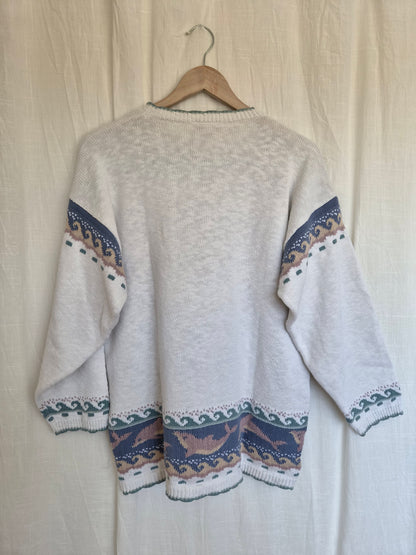 🐬 Songs Beneath the Waves - vintage 100% cotton knit with dolphins and seagulls - size M/L