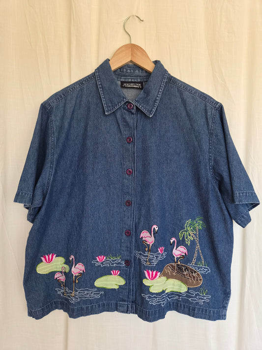 🦩Pink on the Horizon - vintage boxy denim shirt with embroidered flamingo's - size XL
