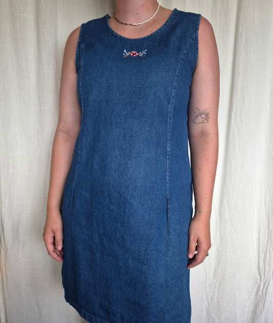 🛟 Saved by the Sea - vintage denim dress with embroidered anchors and lifebuoy - size L