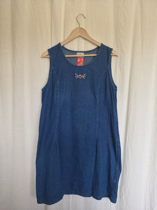 🛟 Saved by the Sea - vintage denim dress with embroidered anchors and lifebuoy - size L