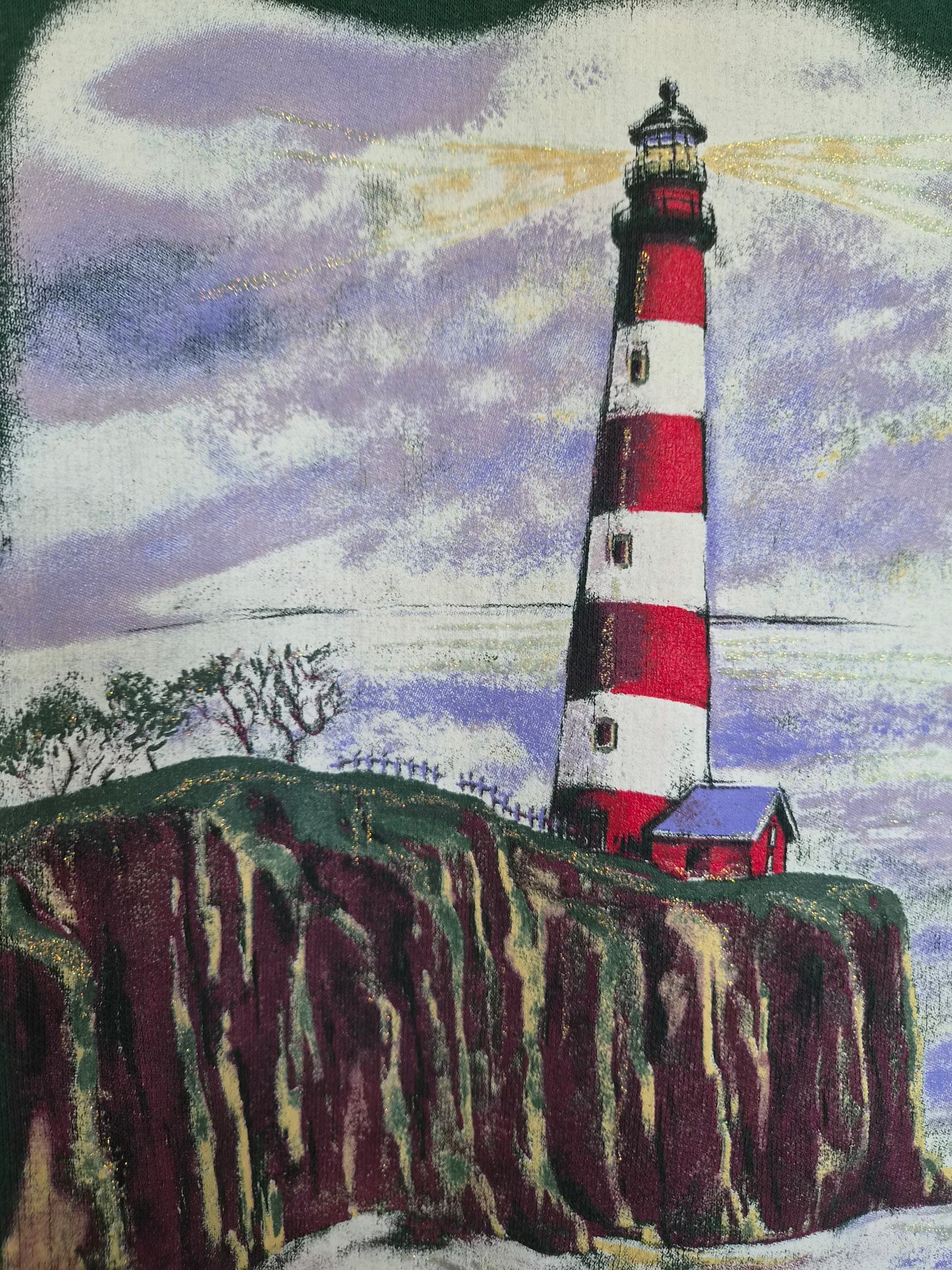 🪨 Keeper of the Coast - green vintage crewneck sweater with lighthouse on a cliff - size M/L