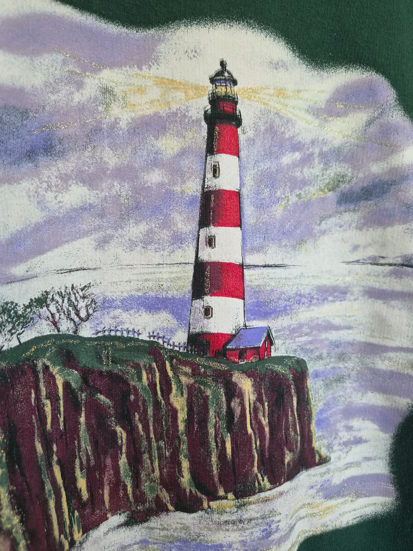 🪨 Keeper of the Coast - green vintage crewneck sweater with lighthouse on a cliff - size M/L