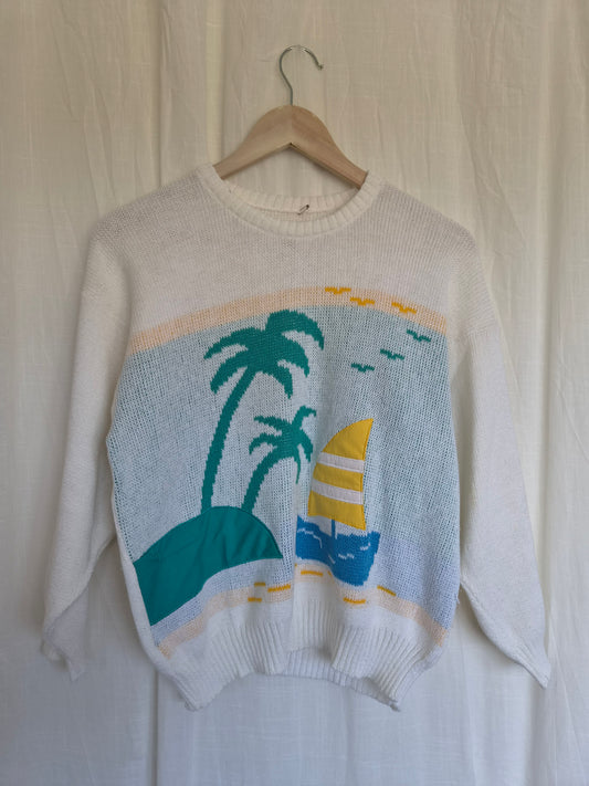☀️ Postcard from Paradise - vintage thin white knit with tropical island vibes (Perfectly Imperfect) - size M