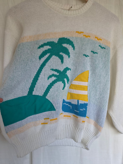 ☀️ Postcard from Paradise - vintage thin white knit with tropical island vibes (Perfectly Imperfect) - size M