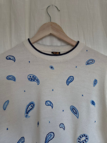 🌊 The Shape of the Tide - vintage knitted thin sweater with blue embroidered paisley print - size M