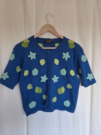 🫧 Little Things from the Sea - vintage 100% cotton knitted cardigan with embroidered shells and stars - size S/M