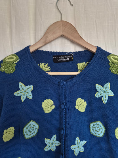 🫧 Little Things from the Sea - vintage 100% cotton knitted cardigan with embroidered shells and stars - size S/M